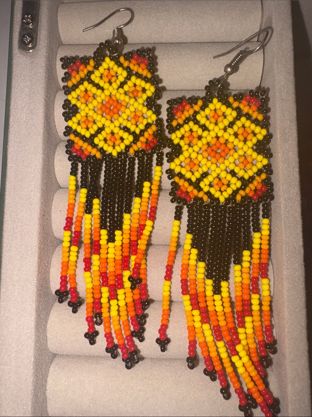 Handmade Beaded Fringe Earrings in Yellow & Black